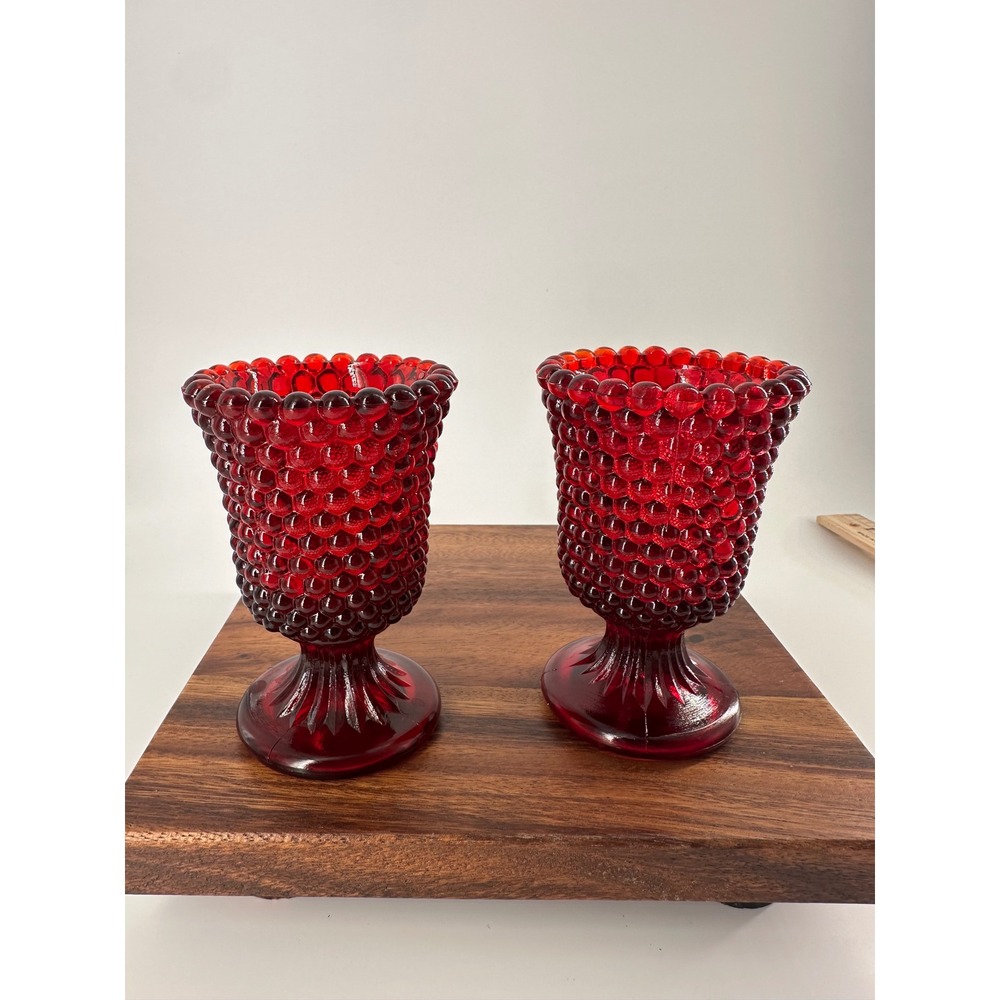 Vintage Ruby Red Amberina Glass Hobnail Footed Votive Candle Holders Set of 2